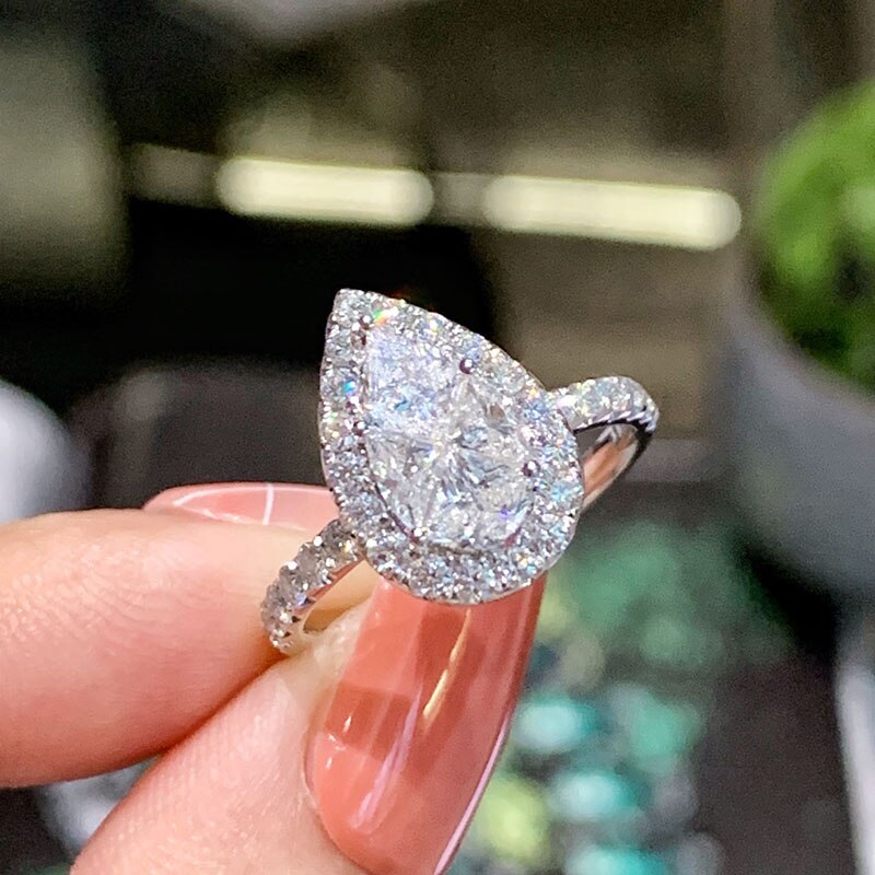 18K White Gold Real Natural Diamond Pyriform Ring for Women