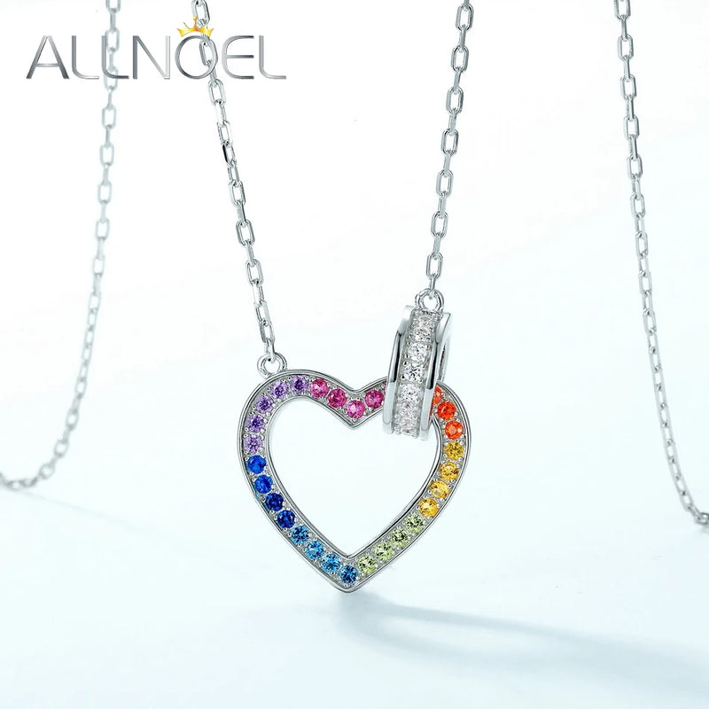 Sterling Silver Rainbow Zircon Heart Pendant for Women