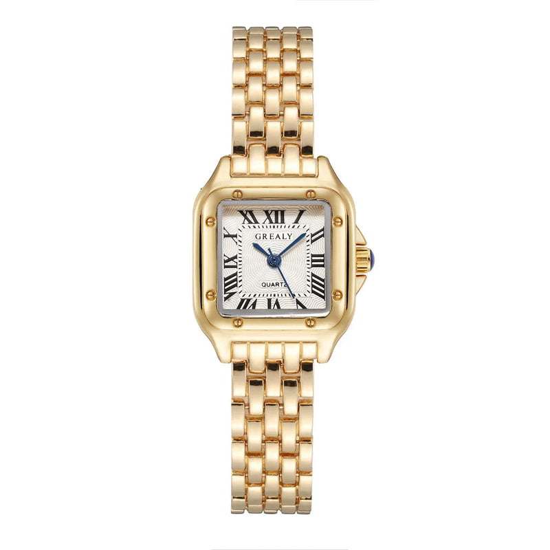 Gold Alloy Square Luxury Quartz Wristwatch with Roman Numerals for Women