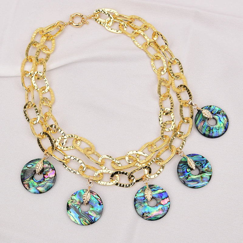 Gold Plated Oval Bezel Set Green Paua Abalone Shell Pendant Necklace for Women