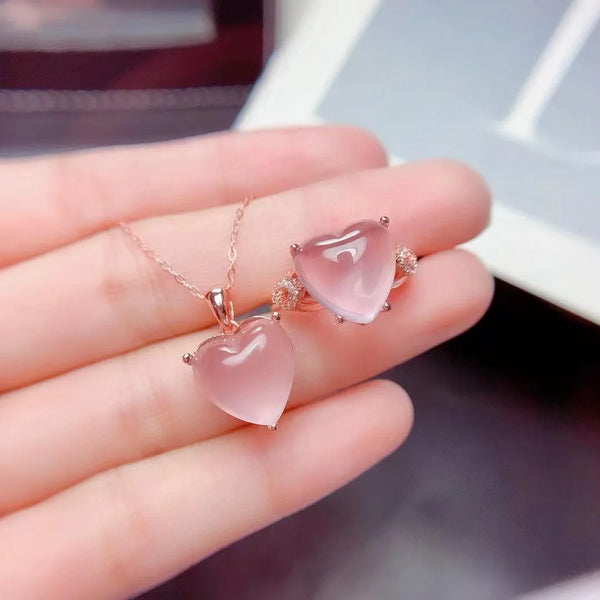 S925 Sterling Silver Natural Heart-shaped Rose Quartz 2-Piece for Women