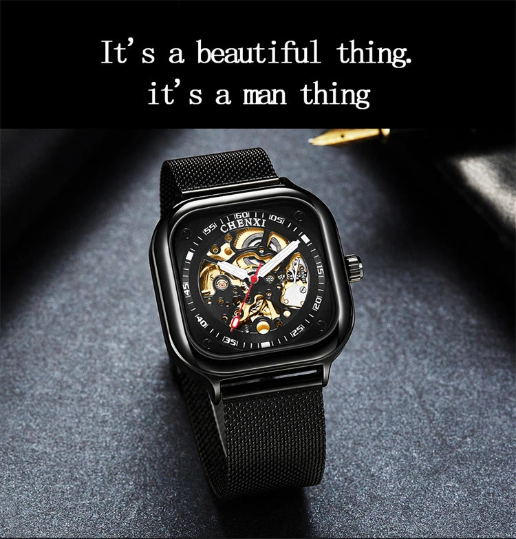 Leather Mesh Square Fashion Mechanical Watch for Men