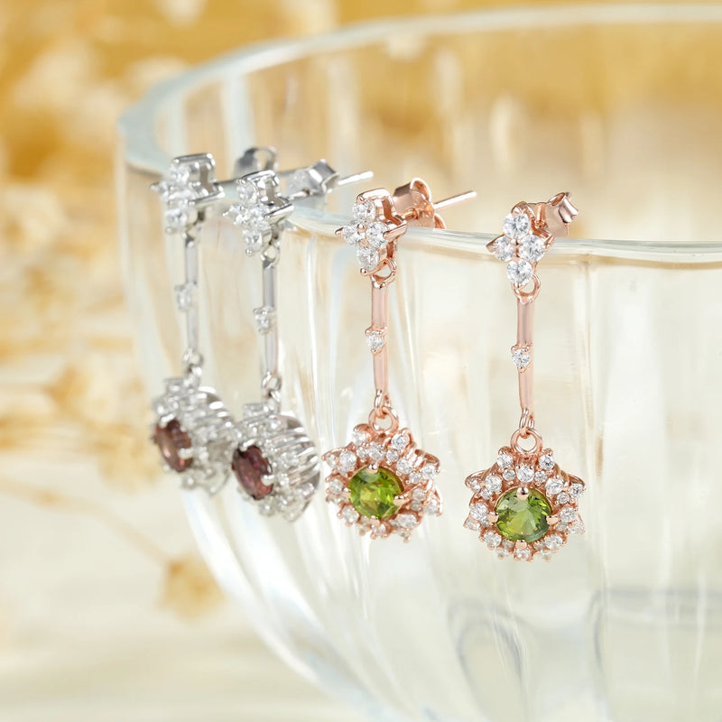 925 Sterling Silver Green Peridot & Garnet Dangling Earrings for Women