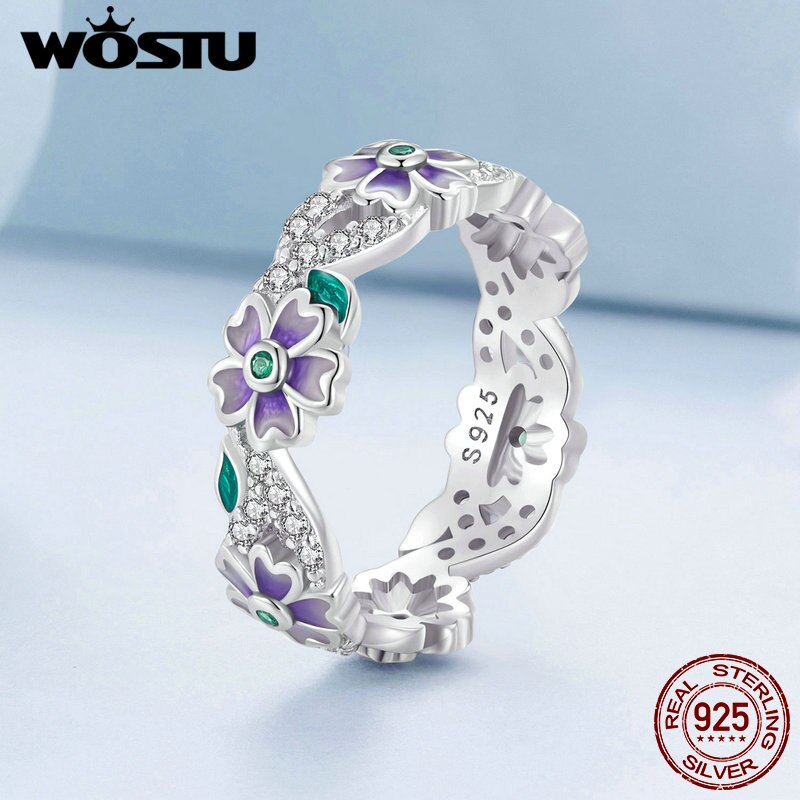 Sterling Silver Mystic Purple Flower & Vine Zircon Ring for Women