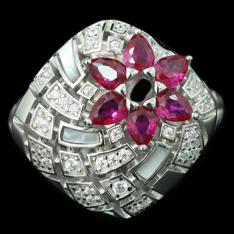 Sterling Silver Lab Sapphire Ruby High Carbon Diamonds Gemstone Flower Rings