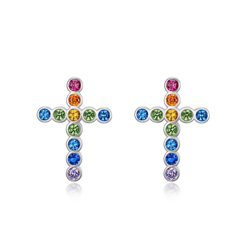 Sterling Silver 2.2mm Zircon Rainbow Cross Stud Earrings for Women