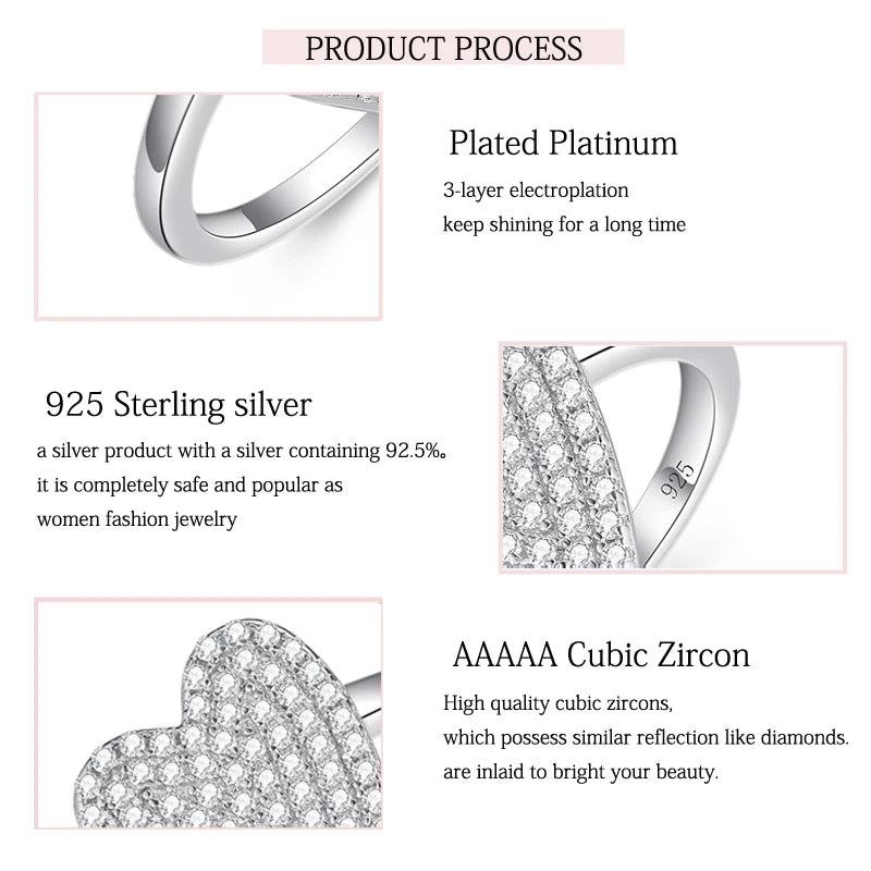 925 Sterling Silver Heart Shaped Zircon Ring for Women