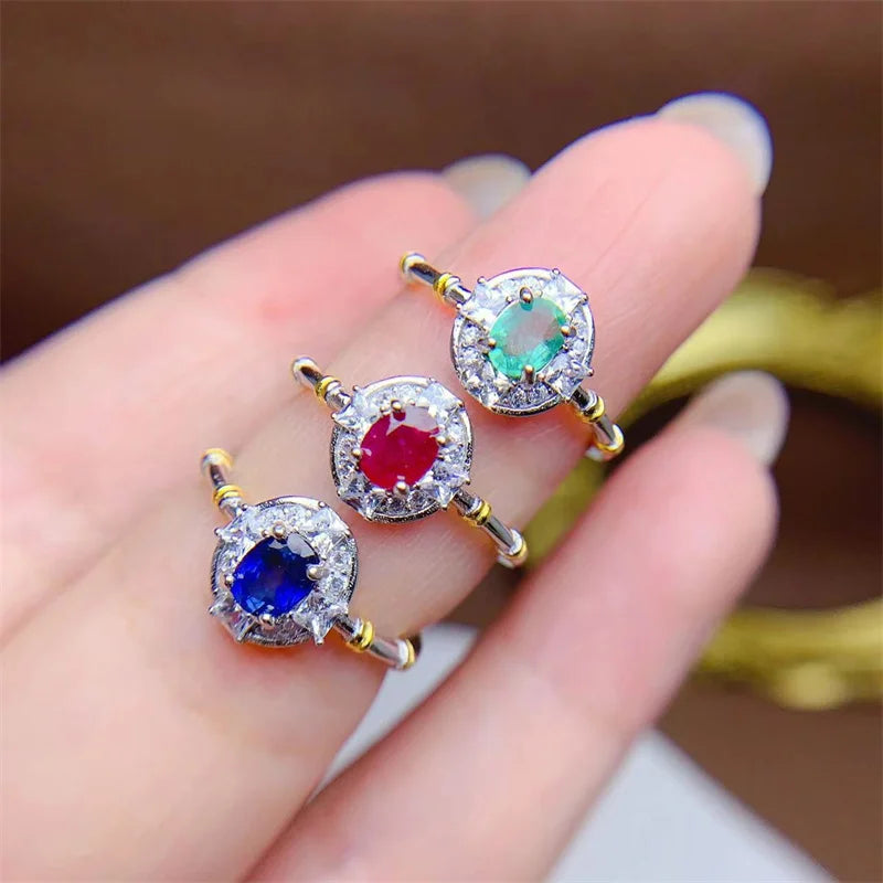 925 Silver Natural Ruby/Sapphire/Emerald Ring for Women