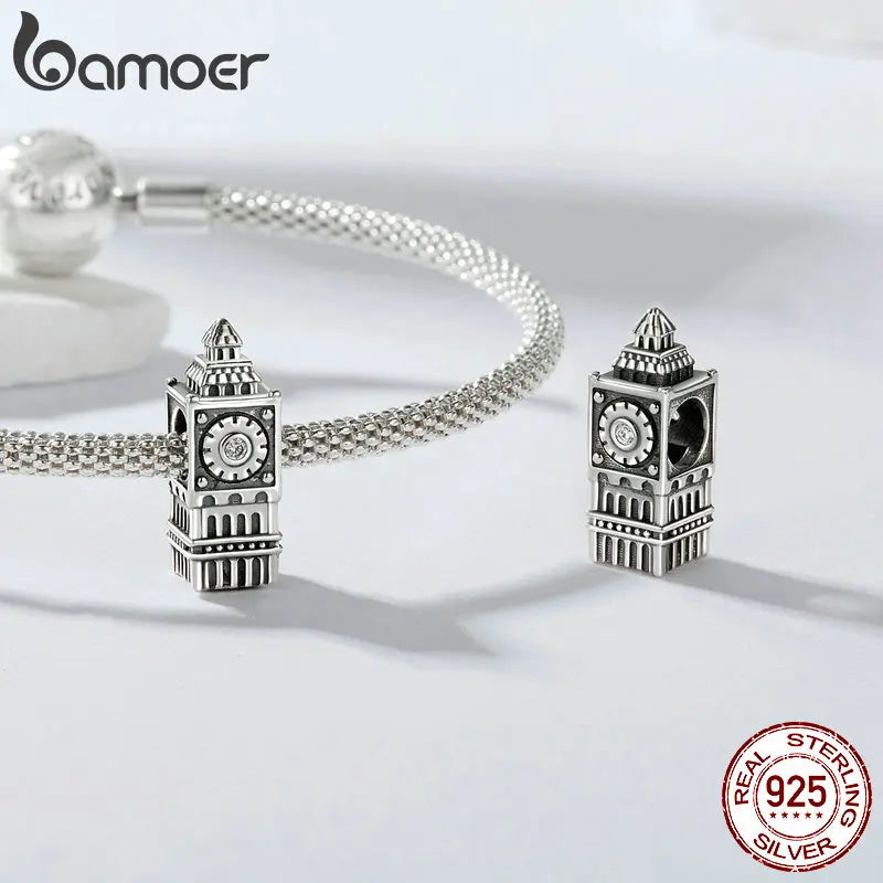 Solid 925 Sterling Silver Big Ben Charm Beads for Charm Bracelet, Women.