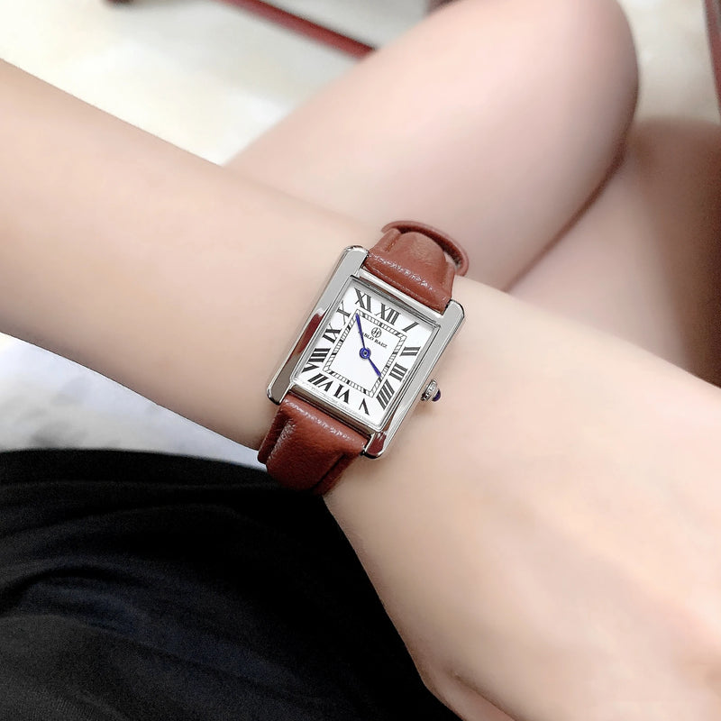 Luxury Square Stainless Steel Watch with Blue Hands & Thin Dial for Women