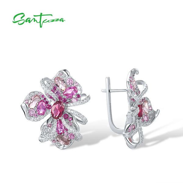 925 Sterling Silver Created Ruby & Sapphire Lily Flower Earrings for Women