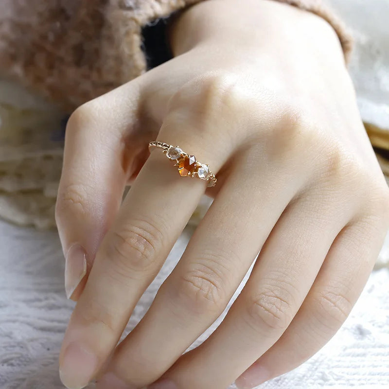 925 Sterling Silver Gold Plated Orange Garnet Crystal Ring for Women