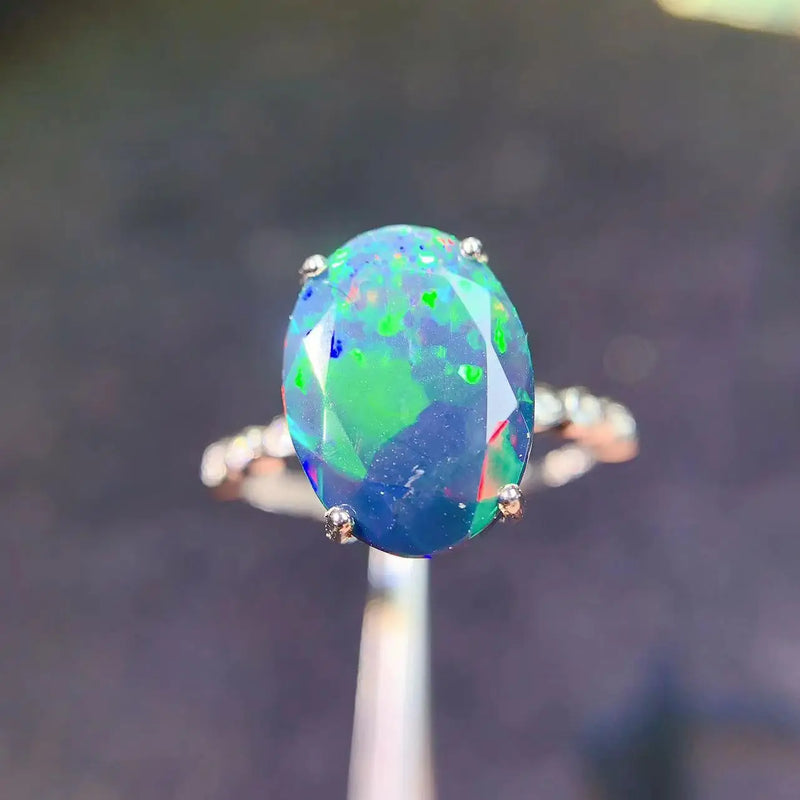 Sterling Silver Natural Black Opal Large Gemstone Ring for Men and Women