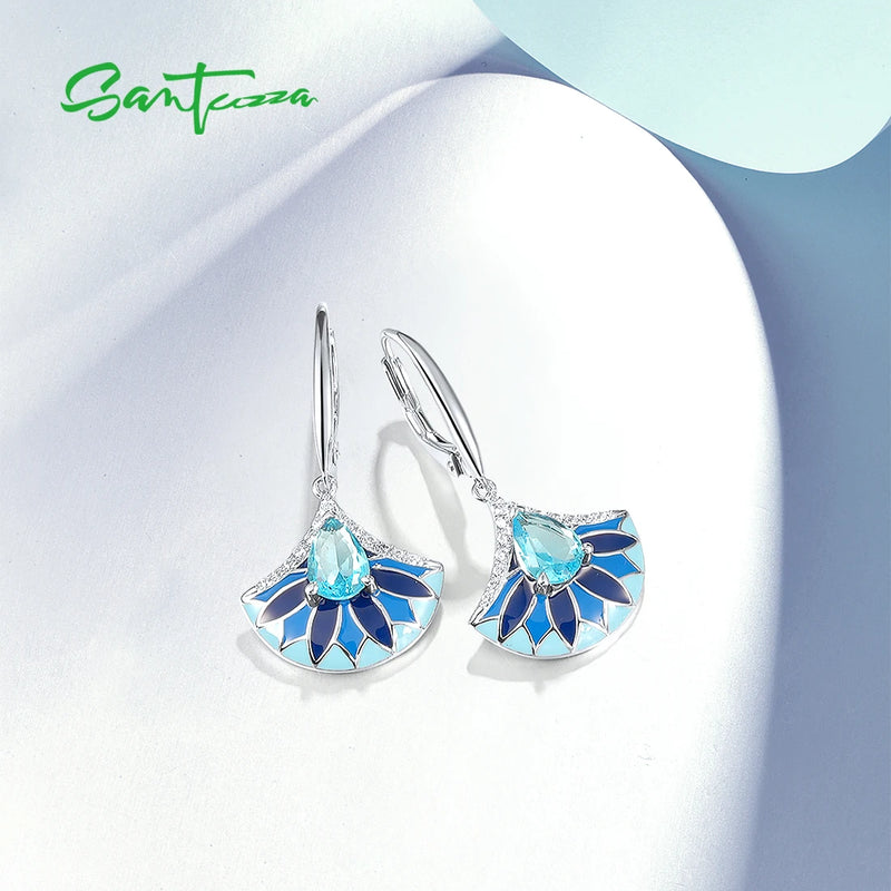 925 Sterling Silver Drop Earrings with White CZ and Blue Stone in Fan Shape