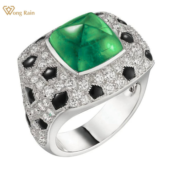 Wong Rain Personality Vintage 925 Sterling Silver Sugar-loaf Cut Emerald Gemstone Ring for Women Fine Jewelry Anniversary Gifts