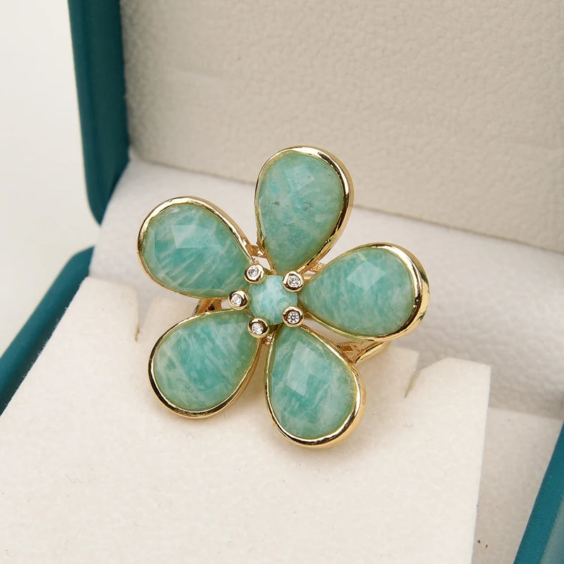 Sterling Silver Natural Blue Amazonite Pave Flower Ring for Women