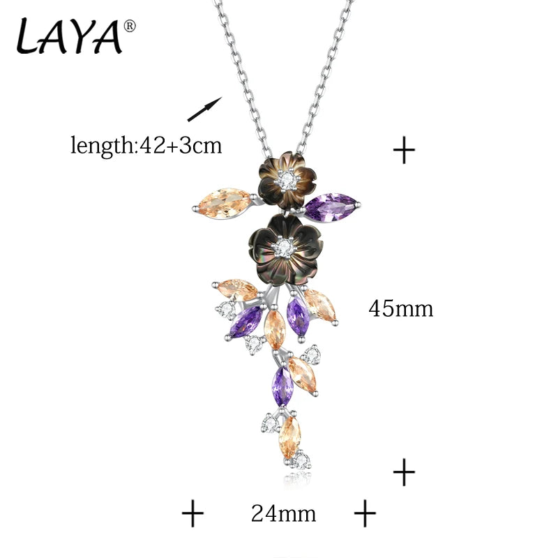 Silver Floral Pendant with Purple & Yellow Zircon Necklace for Women