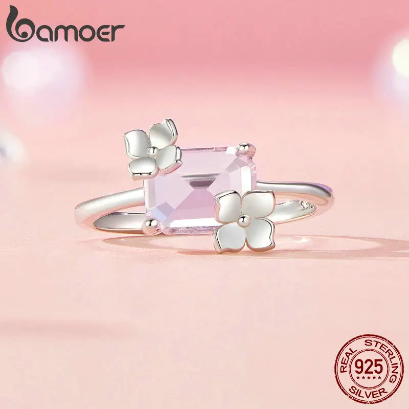 925 Sterling Silver Flower Ring with Square Stone for Women