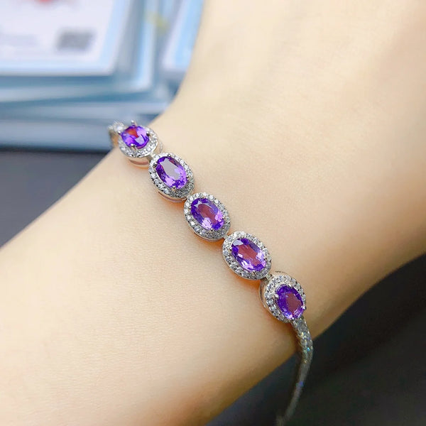 S925 Sterling Silver Inlay 4*6 Natural Amethyst Bracelet With Certificate Fine Charm Wedding Jewelry for Women