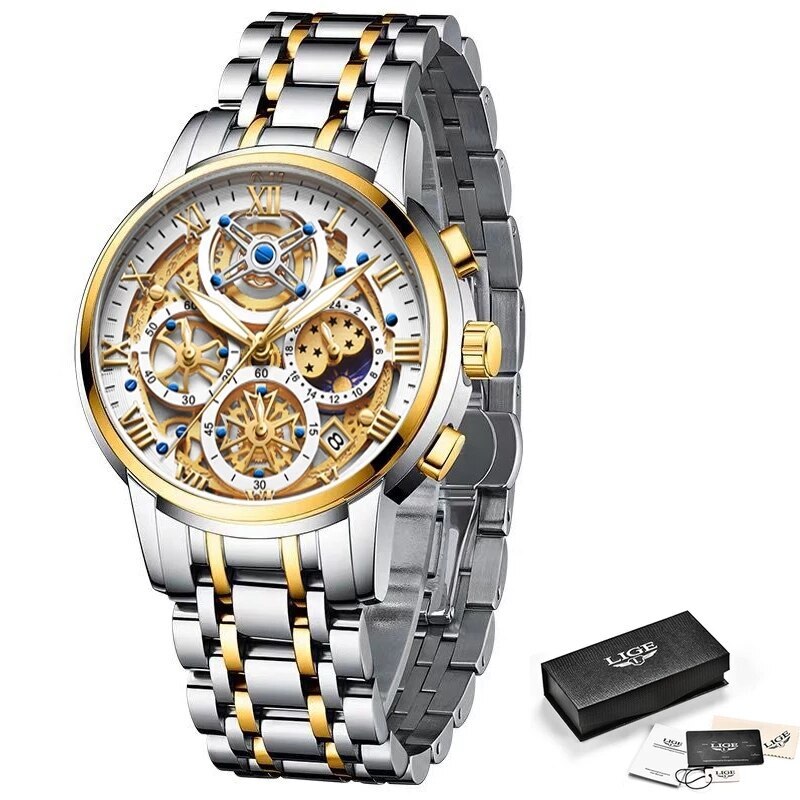 Stainless Steel Quartz Chronograph Sports Watch for Men