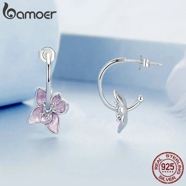 Sterling Silver Purple Flower Hoop Earrings for Women.