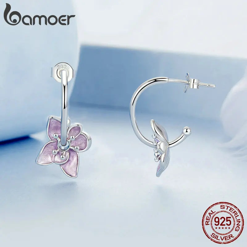 Sterling Silver Purple Flower Hoop Earrings for Women.