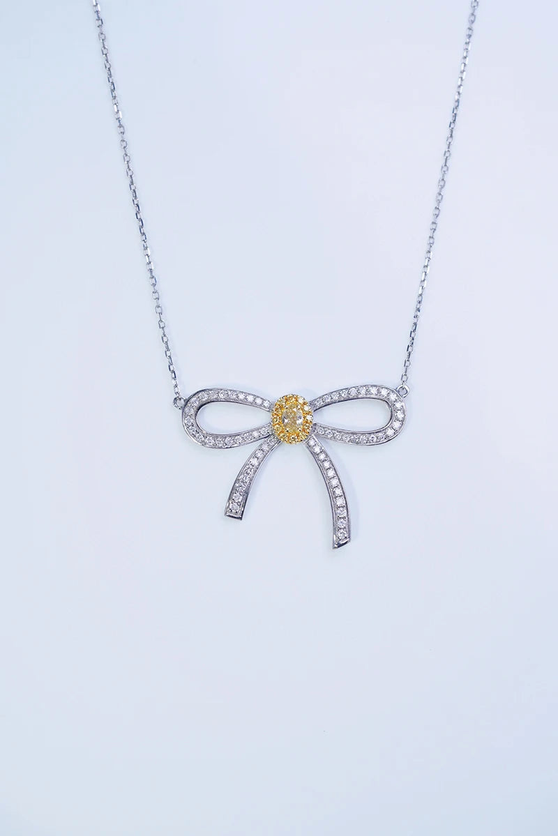 18K White Gold Yellow Diamond Bowknot Pendant Necklace for Women