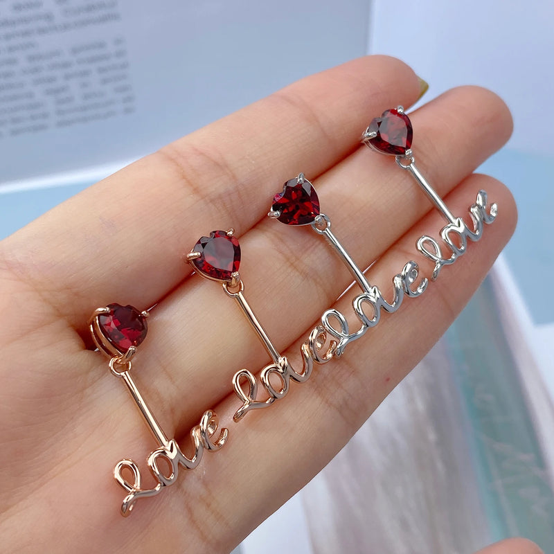 925 Sterling Silver Red Garnet Love Letter Drop Earrings for Women