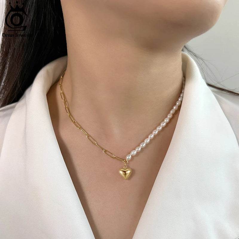 14K Gold Freshwater Pearl Sweet Heart Pendant Choker Necklace for Female