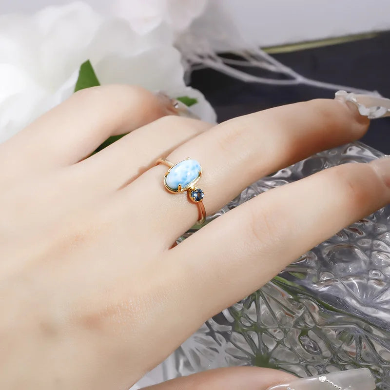 925 Sterling Silver Light Gold Plated Larimar Topaz Ring for Women