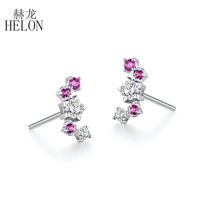 14k White Gold Lab Grown Diamond Moissanite Stud Earrings with Pink Sapphire for Women