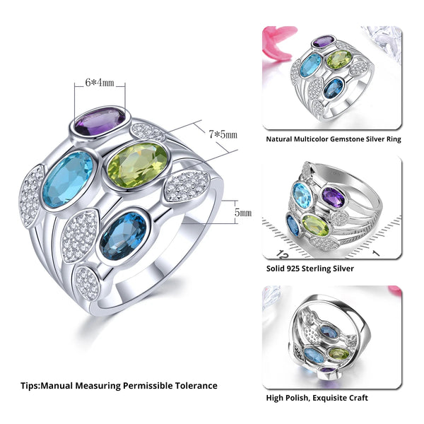 Solid Silver 4.2 ctw Blue Topaz Peridot Amethyst Ring for Women