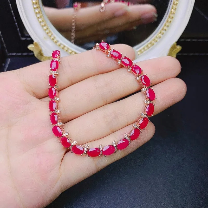 925 Sterling Silver Natural Ruby Inlaid Bangle Bracelet with Charms for Women