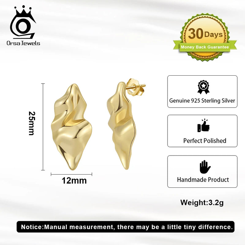 925 Sterling Silver Irregular Fold Stud Earrings for Women