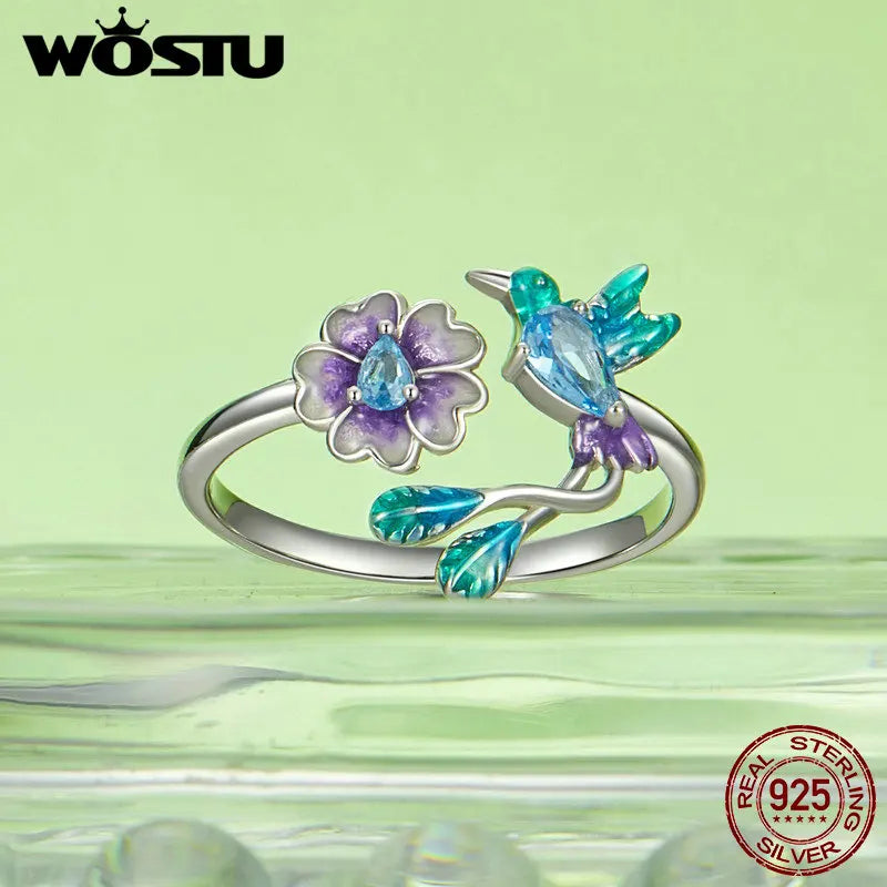 Sterling Silver Colorful Flower Bird Open Ring and Earrings Set for Women