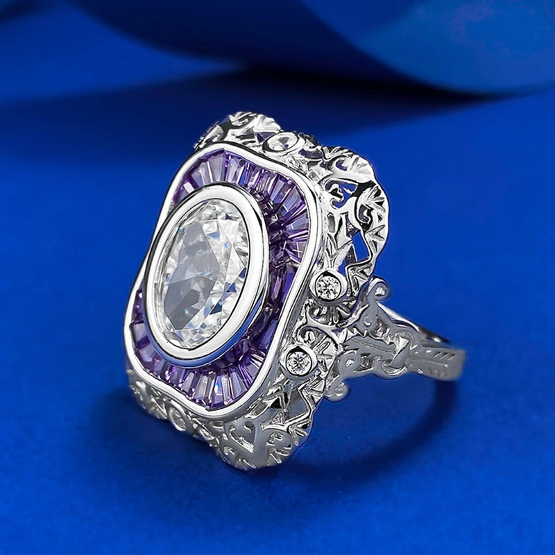 Sterling Silver 925, Oval Cut Lab Sapphire 9*11mm, High Carbon Diamond Gems Ring