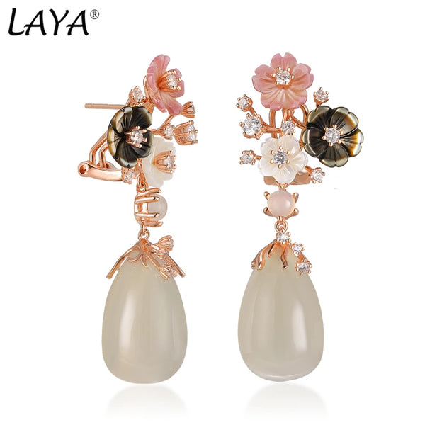 925 Sterling Silver Chalcedony Shell Flower Earrings for Women