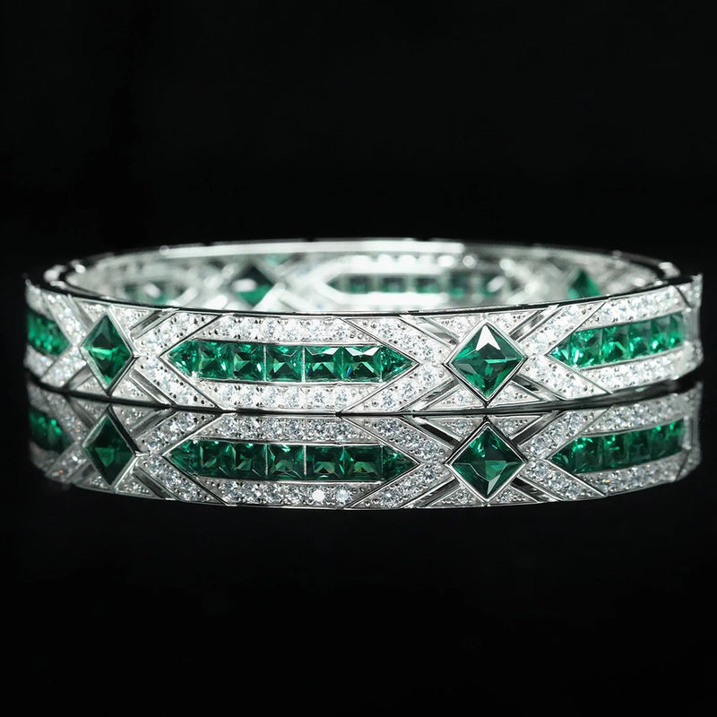 925 Sterling Silver Princess Cut Emerald High Carbon Diamonds Gemstones Bracelet