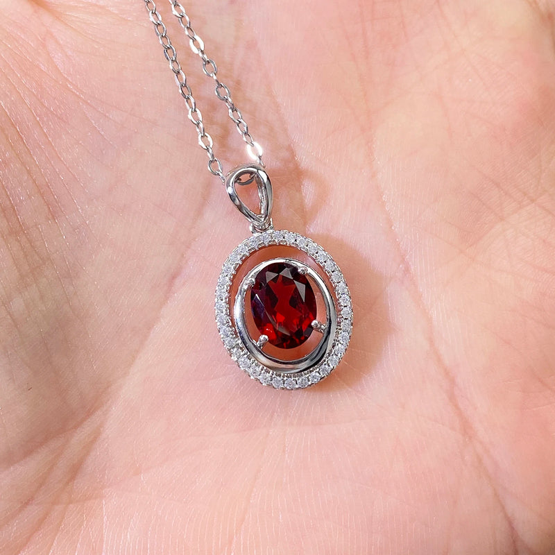 925 Sterling Silver Oval Red Garnet Pendant Necklace for Women