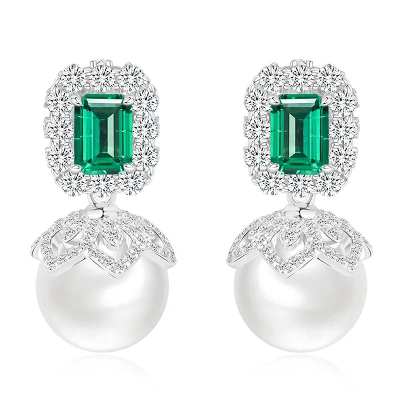 Sterling Silver Emerald Sapphire Gemstone Drop Earrings for Ladies