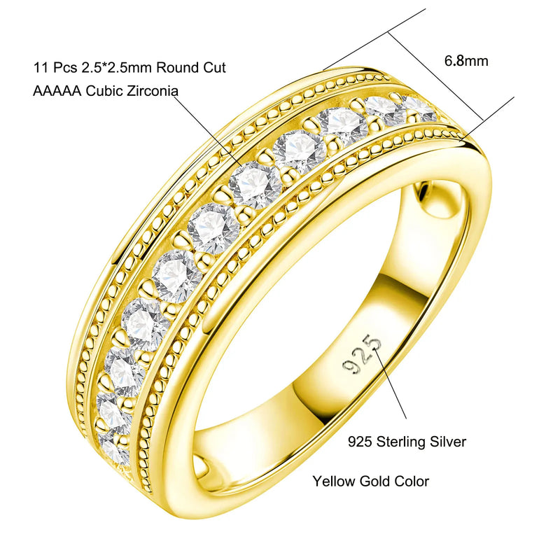 Sterling Silver 18k Gold Half Eternity Cubic Zircon Ring for Men