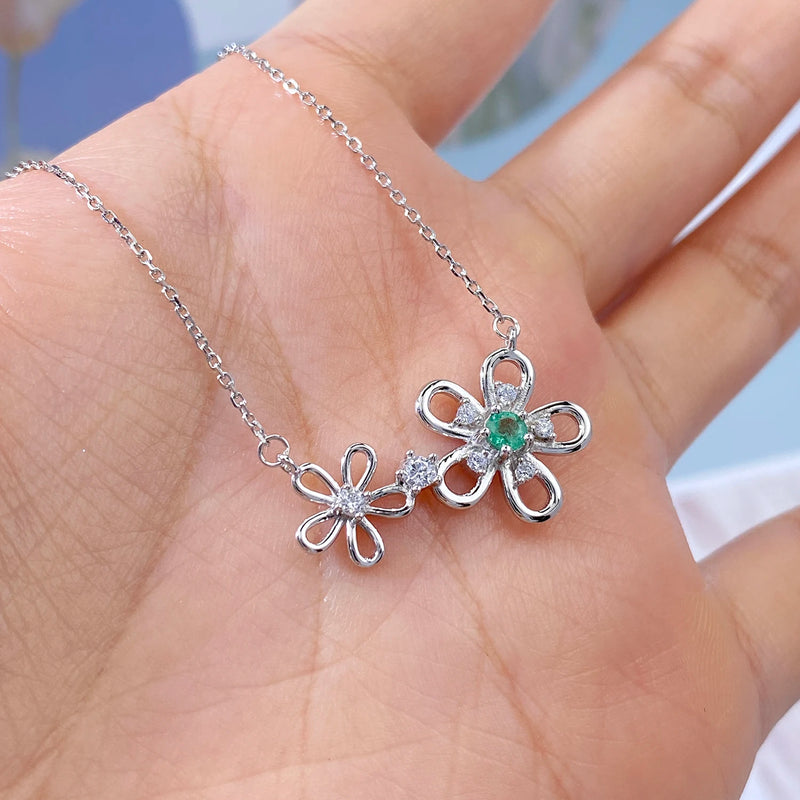 Sterling Silver Natural Emerald Flower Pendant Necklace for Women