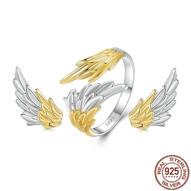 Sterling Silver Two-tone Wing Angel Wings Stud Earrings for Women