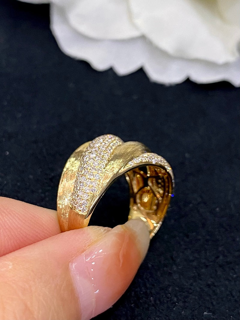 18K Yellow Gold Real Natural Diamond Napoleon Wide Tie Shape Ring for Women