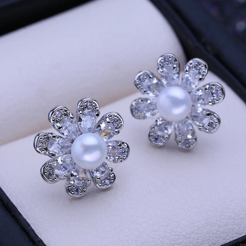 Silver Freshwater Pearl Flower Stud Earrings for Women