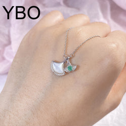 925 Sterling Silver Natural Emerald & White Shell CZ Fishtail Pendant Necklace for Women