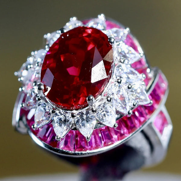 Sterling Silver Oval Cut Ruby High Carbon Diamonds Ring