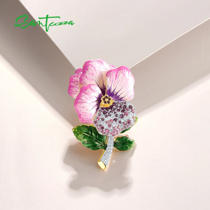 Sterling Silver Pink Sapphire Purple Flower Brooch