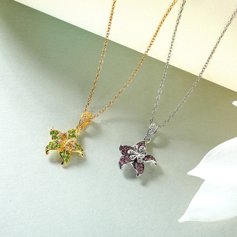 925 Sterling Silver Flower Pendant Necklace Set with Natural Diopside and 14K Gold Plating for Women