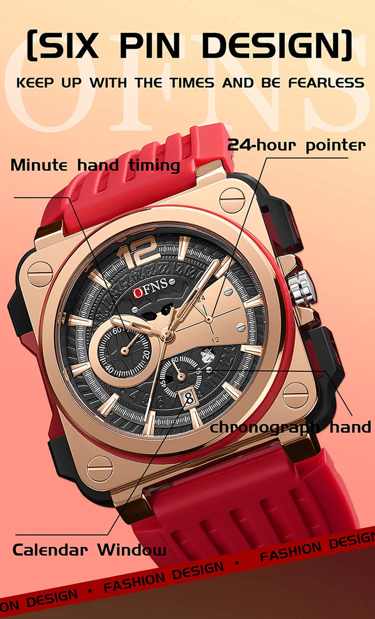 Stainless Steel Silicone Quartz Calendar Waterproof Multi Function square Watch for Men